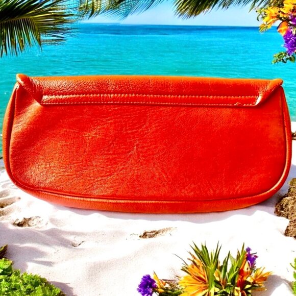 Vintage Orange Leather Clutch Purse Handbag Flap Top Zipper Suede Lined - Picture 4 of 10